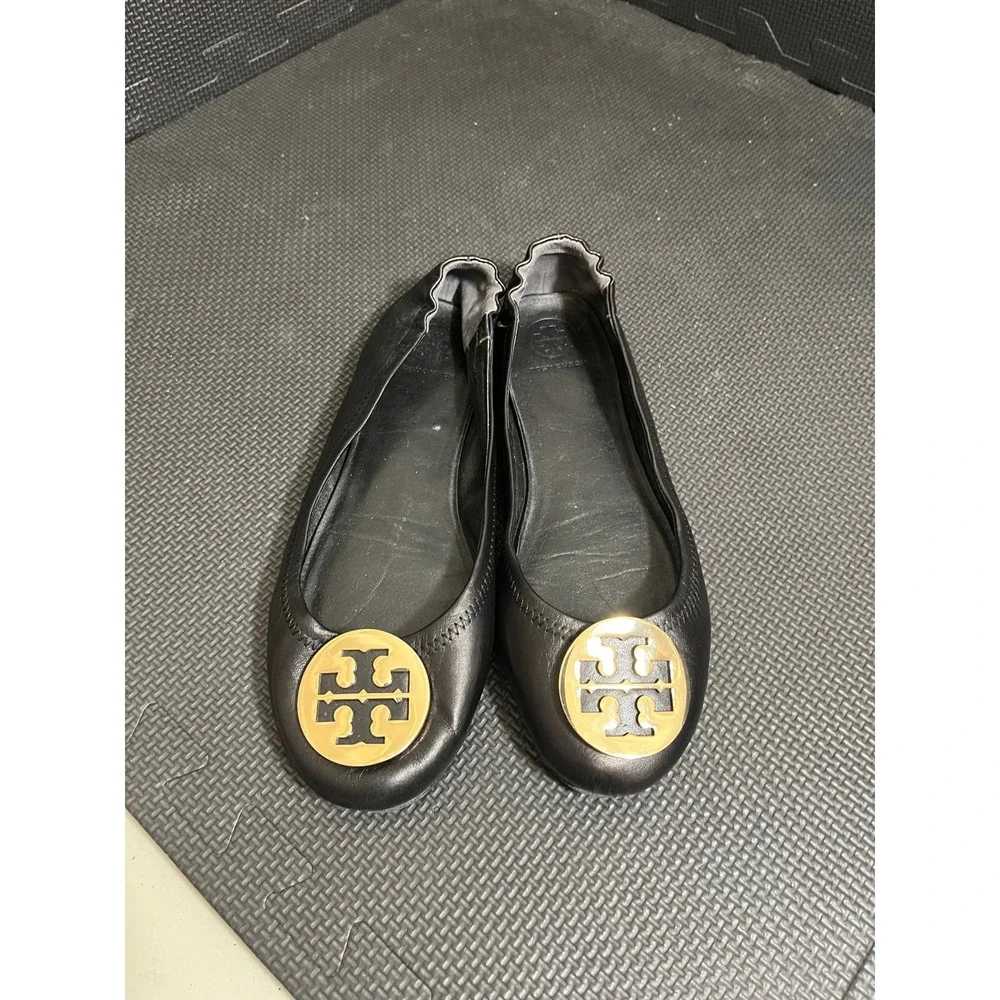 Tory Burch Minnie Travel Ballet Flats 7.5M Black‎ Gold Logo Leather Medallion